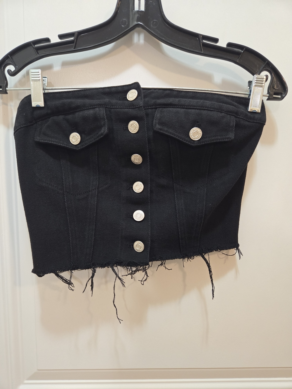 Black Distressed Denim Strapless Crop Top
